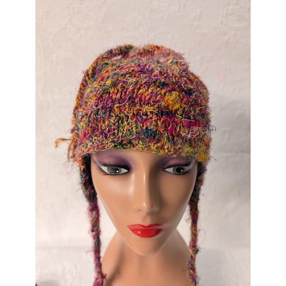 Nepal Silk Woven Beanie Gloves Handknit Multicolor Tassels Fleece Boho Hippie - Picture 2 of 10